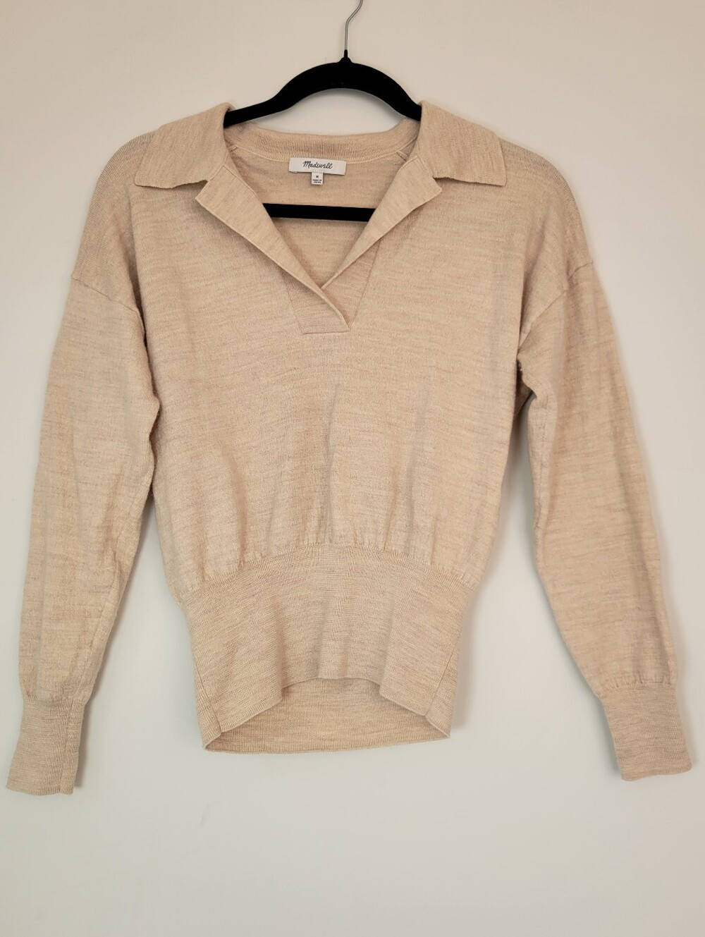 Madewell 100% Merino Wool Polo Sweater M Oatmeal Beige Collared Pullover